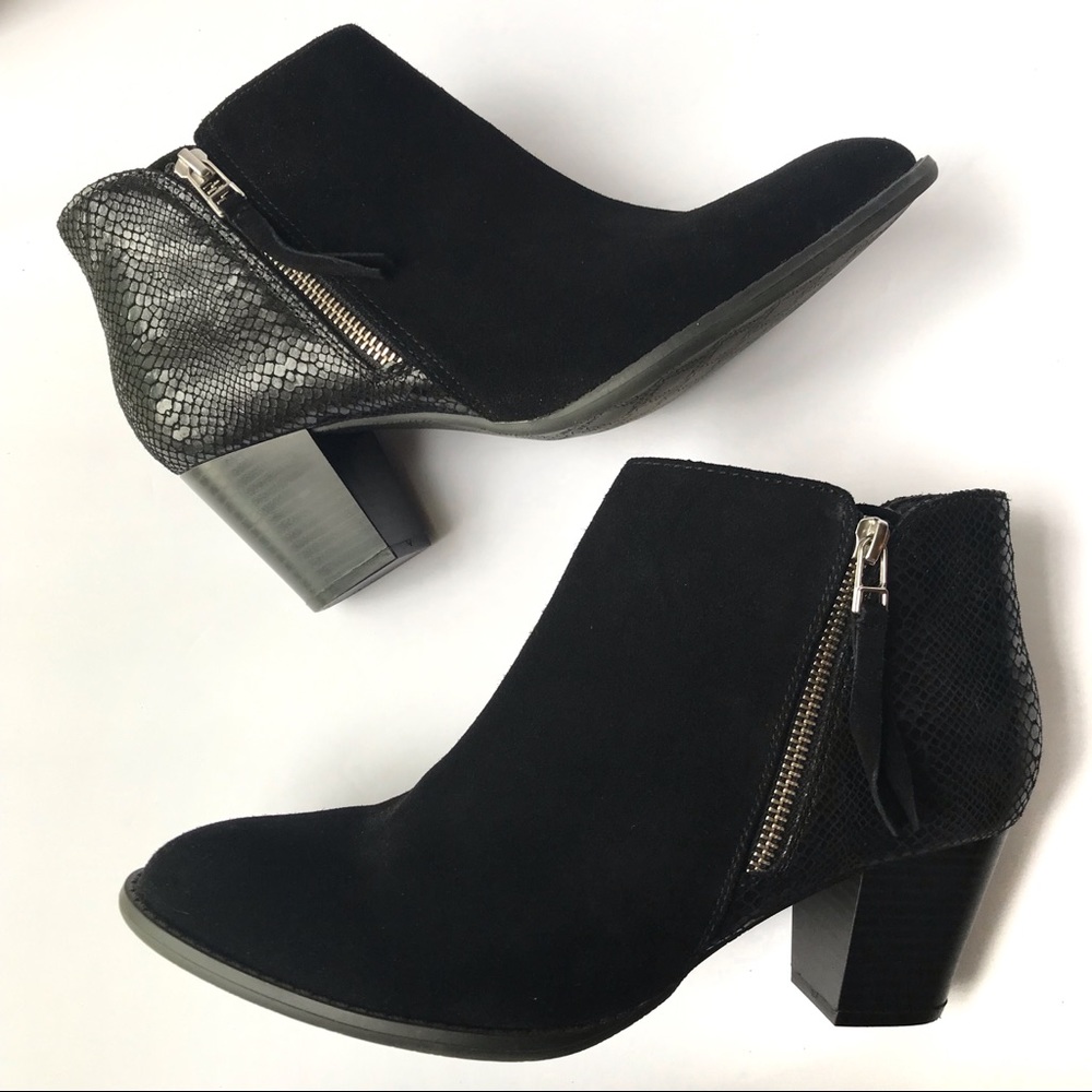 Vionic Anne Black Suede Snake Print Comfort Bootie